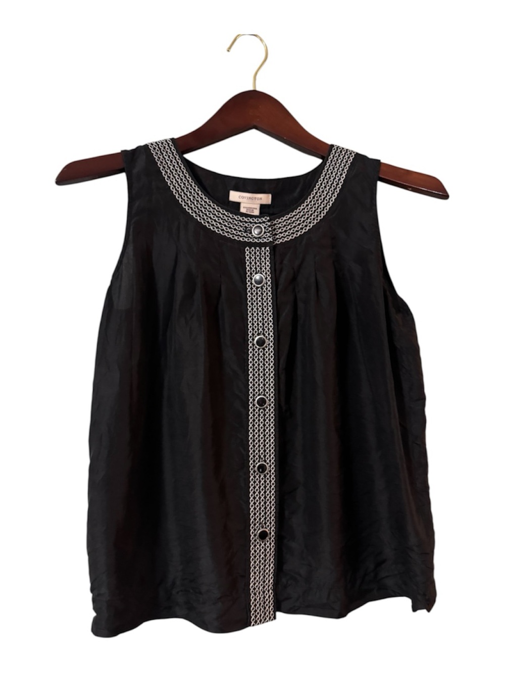 Covington 100% Silk Black Sleeveless Top Ring Trim Button Front Blouse Sz S